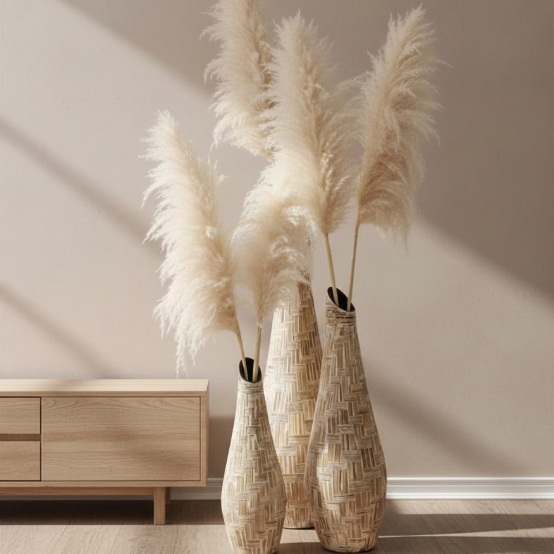 Three tall terracotta patchwork floor vases with white pampas grass against a warm beige wall