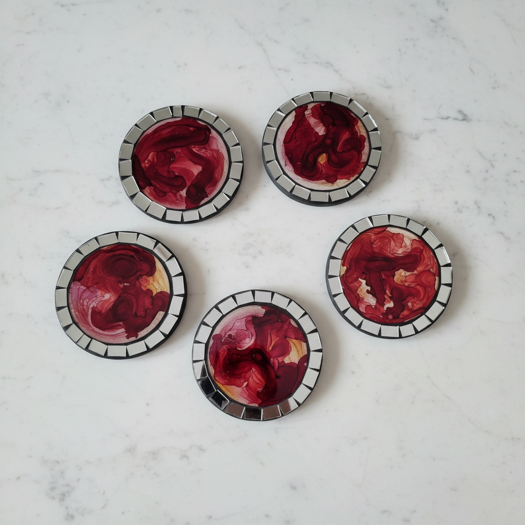 Five with deep red and burgundy swirl centres and white tile border, arranged on a white marble surface