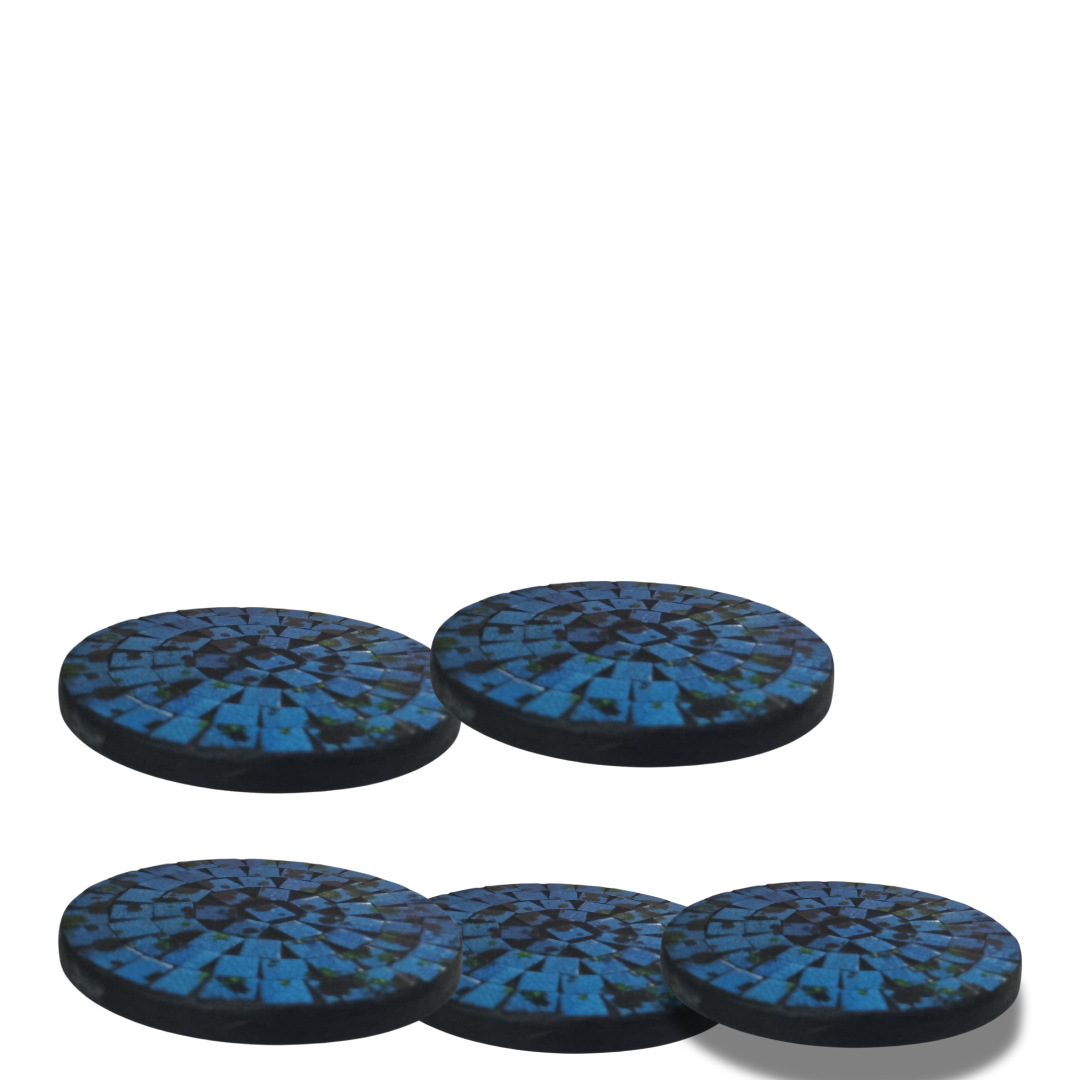 Five round with deep cobalt blue irregular tile pattern on a black plaster base, arranged in a cluster style 10