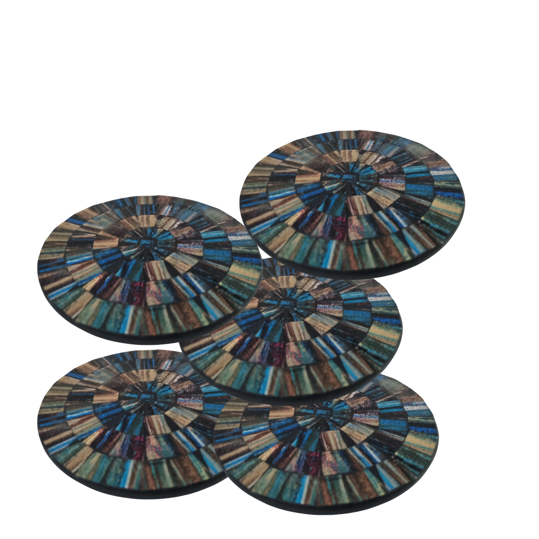 A set of round mosaic drink coasters in various blue gold green tones colors