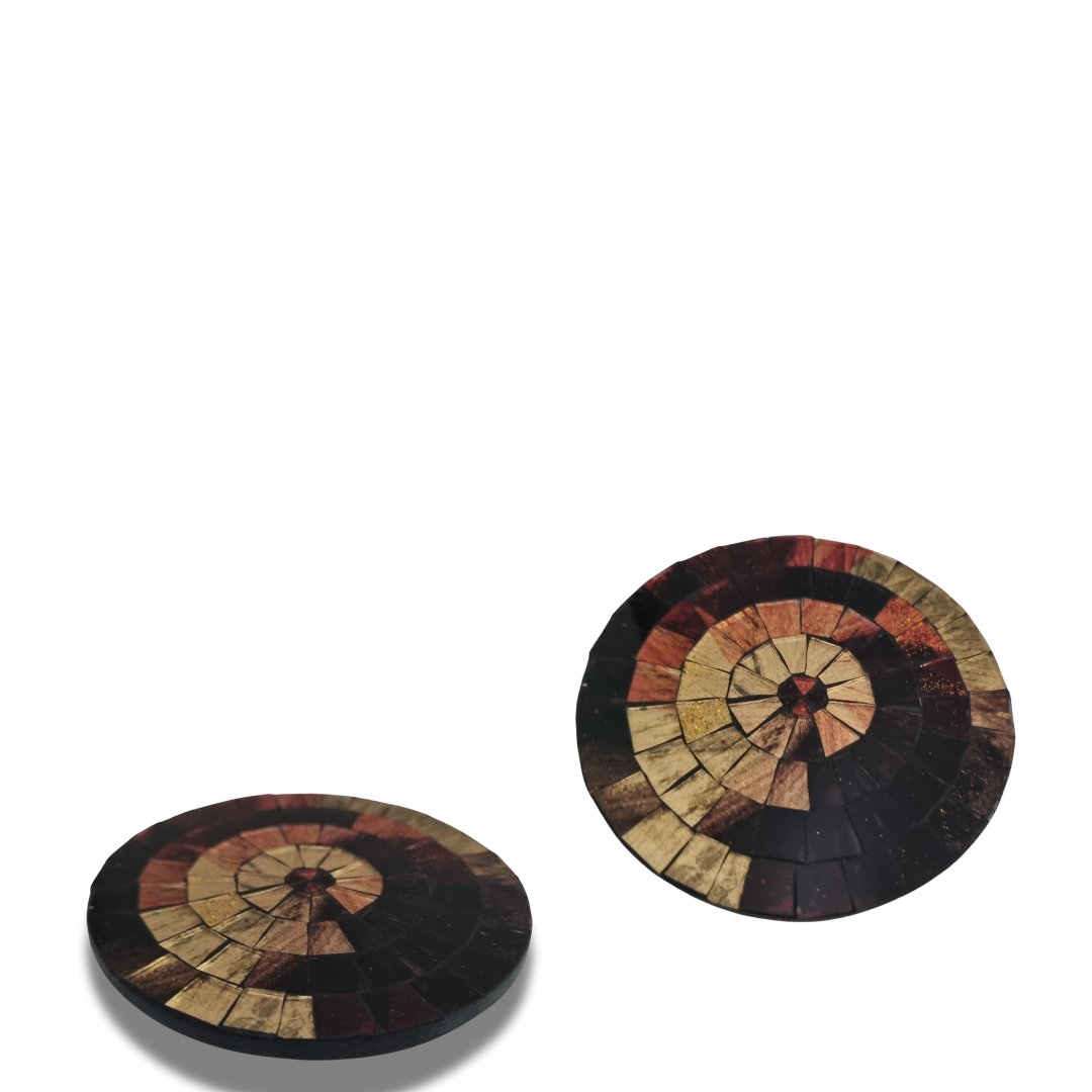A set of round mosaic drink coasters in various brown tones colors, 
