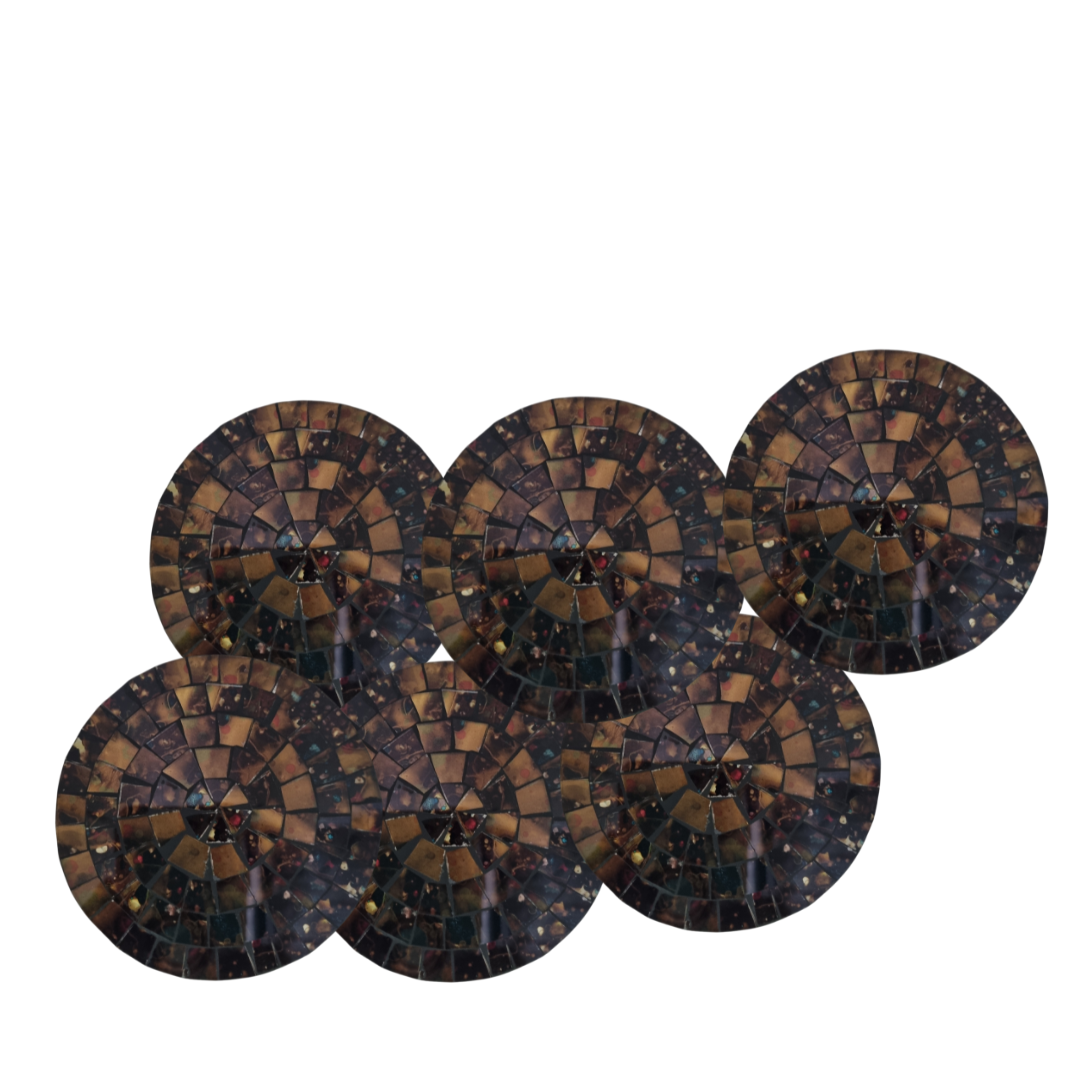 A set of round mosaic drink coasters in various browncolors.