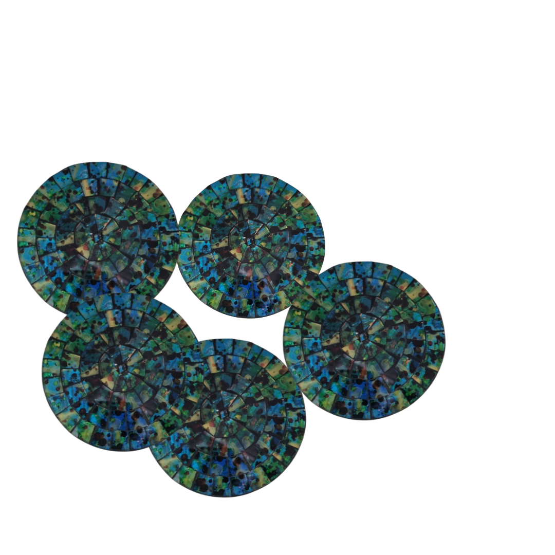 A set of round mosaic drink coasters in various green -bluecolors