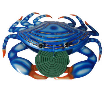 Mosquito Coil Holder Mud Crab Design in blue metal with green coil on white background