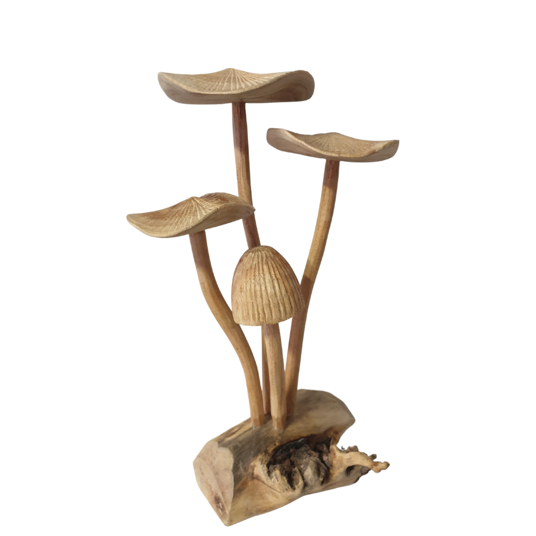 wooden mushrooms 4 stools side angle view on a white background