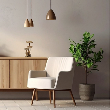 Modern interior with a white armchair, wooden cabinet with a mushroom sculpture on top, and potted plant.