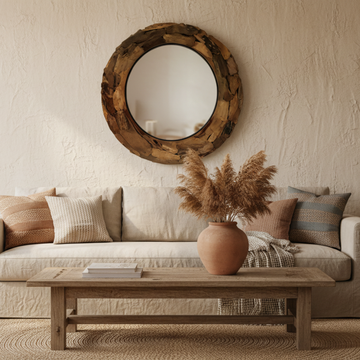 Round driftwood mirror styled as a feature piece in a rustic coastal living room with linen sofa and pampas grass — chunky natural driftwood frame, 80x80cm — handcrafted wall mirror by Azure Decor