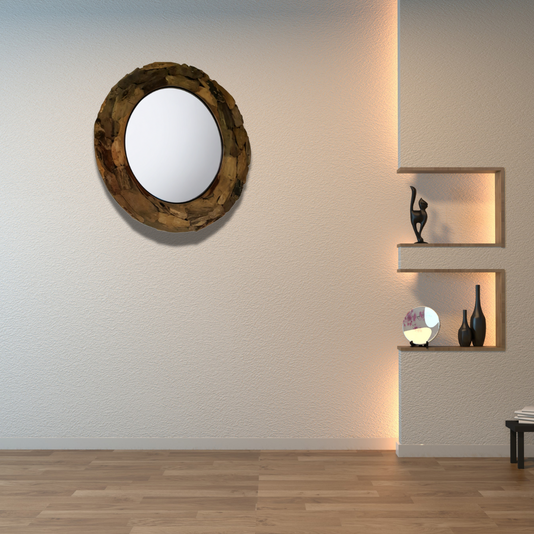 Round wooden mirror on a wall with shelves displaying decorative items.