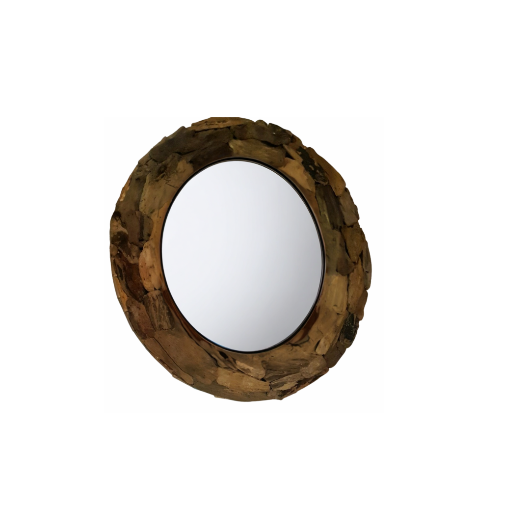 Round wooden mirror on a white background