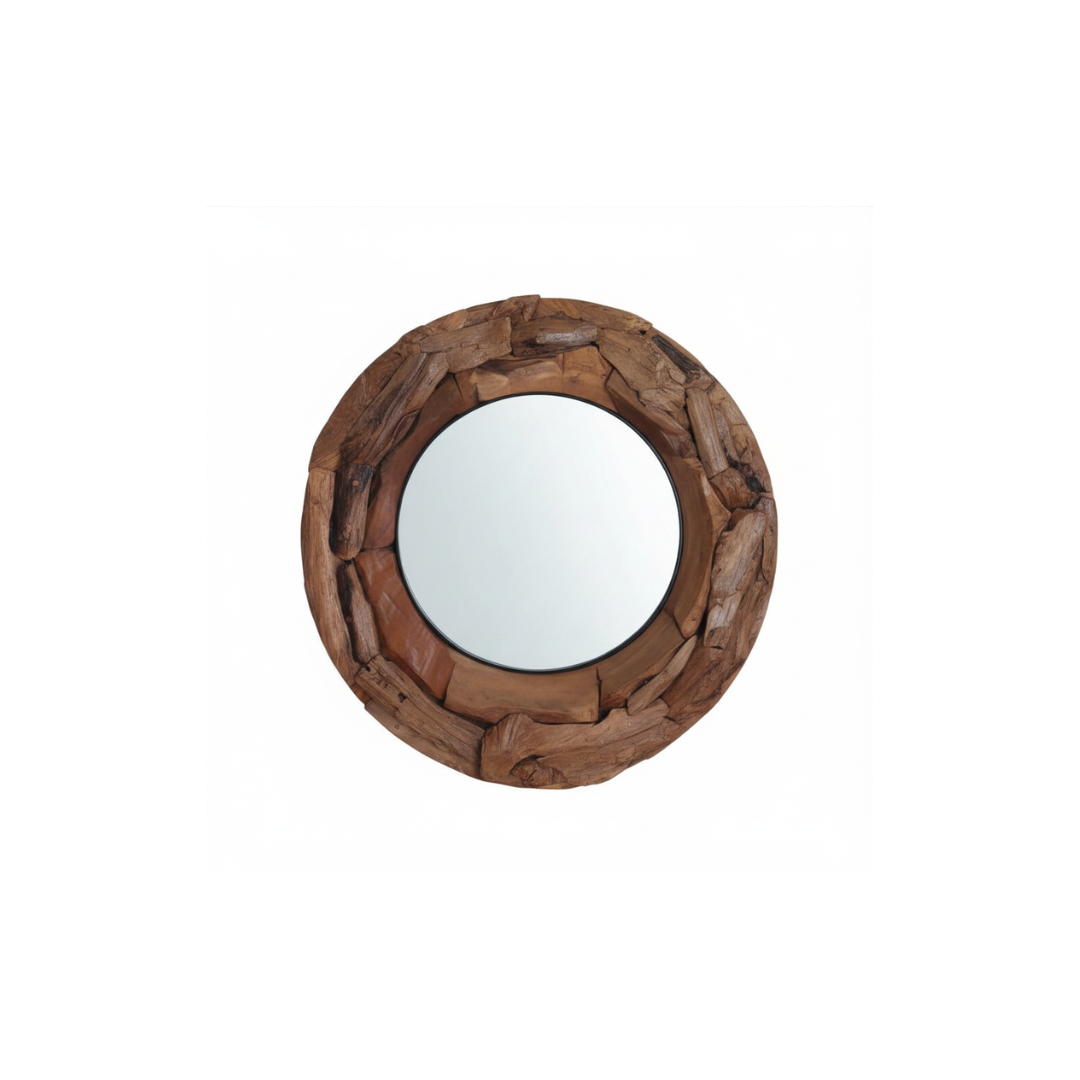 Round teak driftwood mirror — angled view showing chunky mosaic teak wood piece frame depth and natural grain texture, 80x80cm — handcrafted rustic coastal wall mirror by Azure Decor