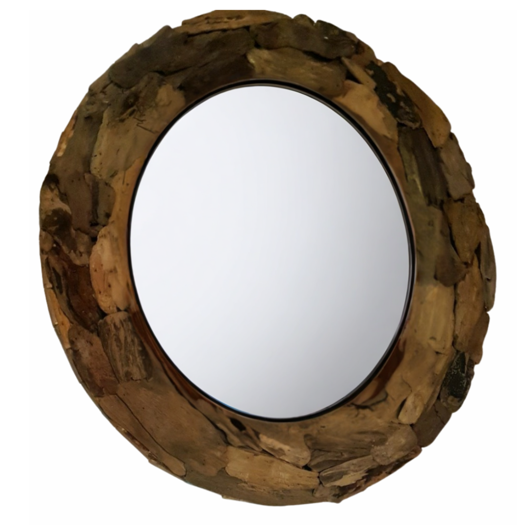 Round mirror with a wooden frame on a white background