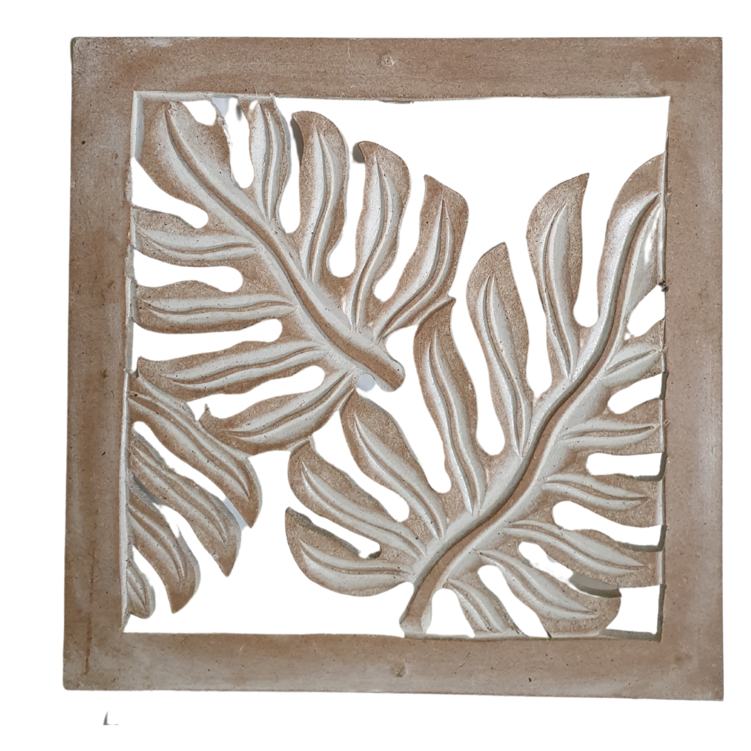 Close-up of Natural Wash Fern Wall Art showing detailed fern leaf carving on lightweight MDF wood panel.