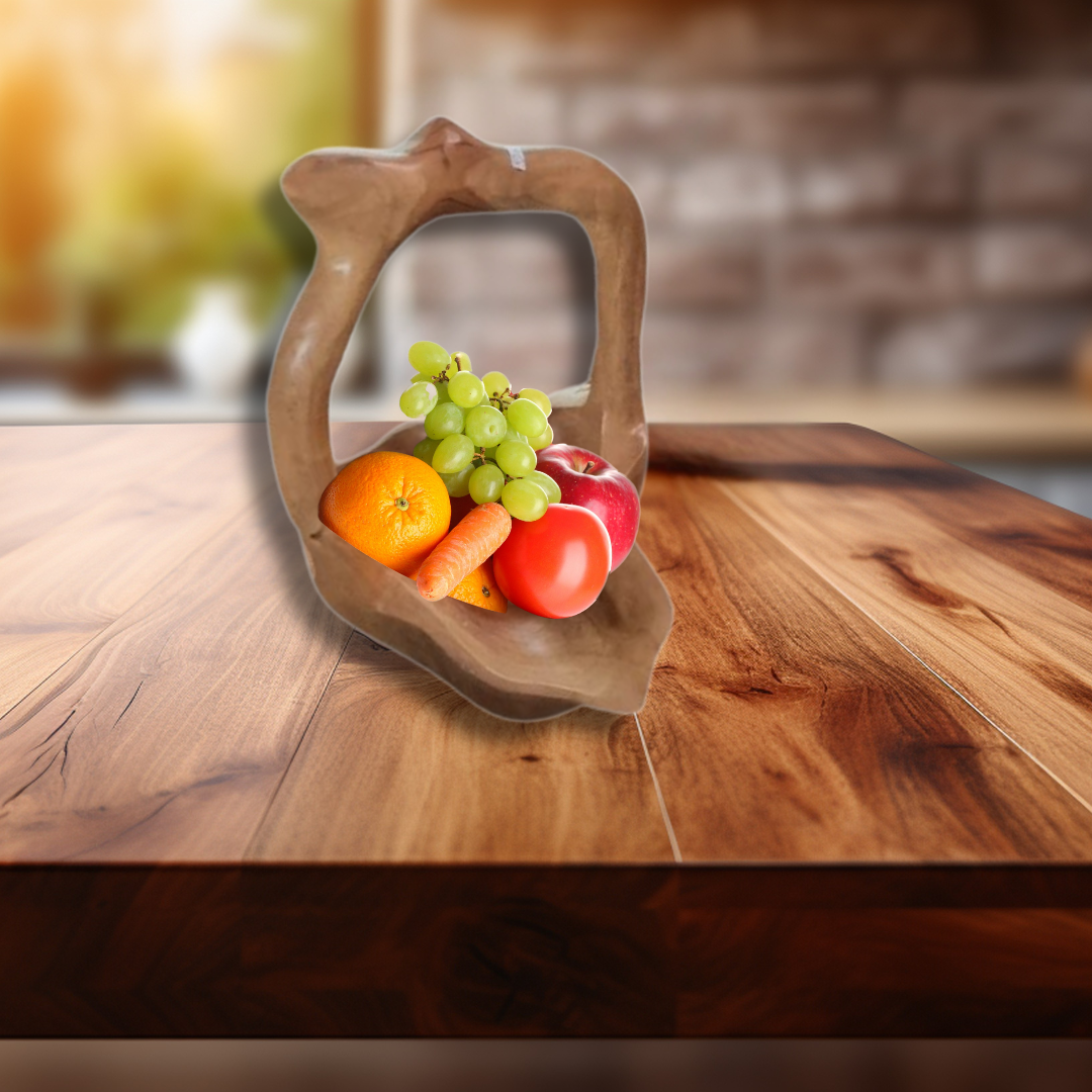 Wooden fruit basket with fruits on a wooden table