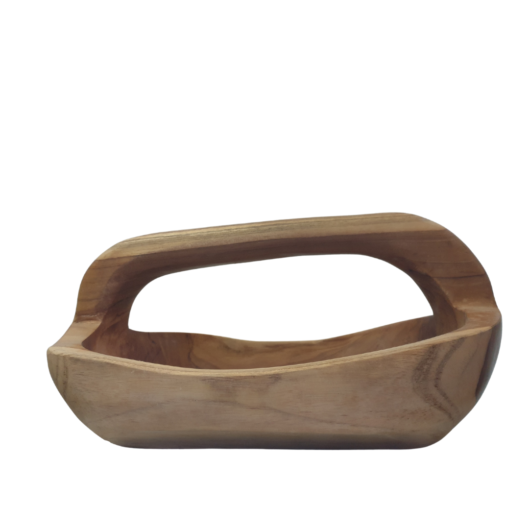 wooden natural bowl with a handle on a white back ground 