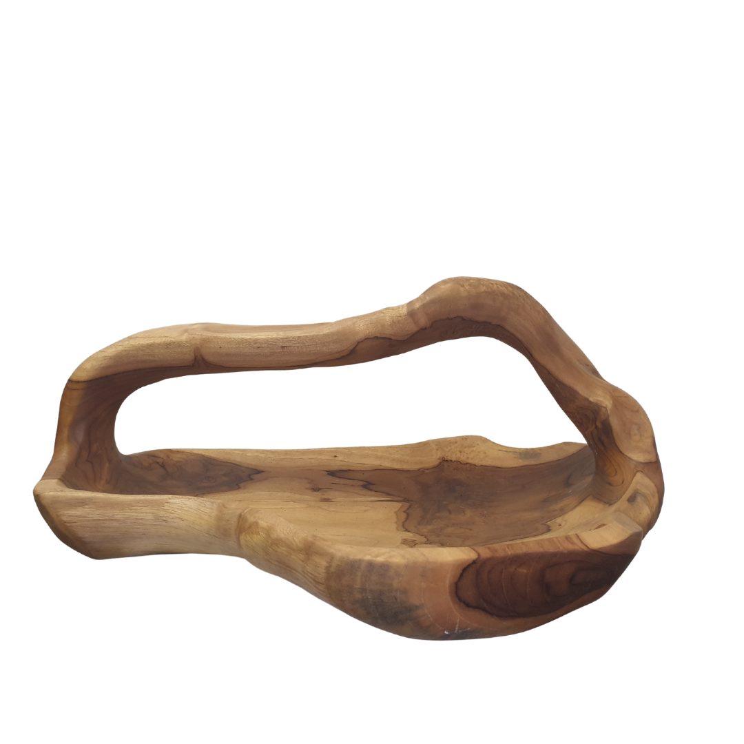 abstract style wooden bowl with adorable natural wood tones with a handle on white background 