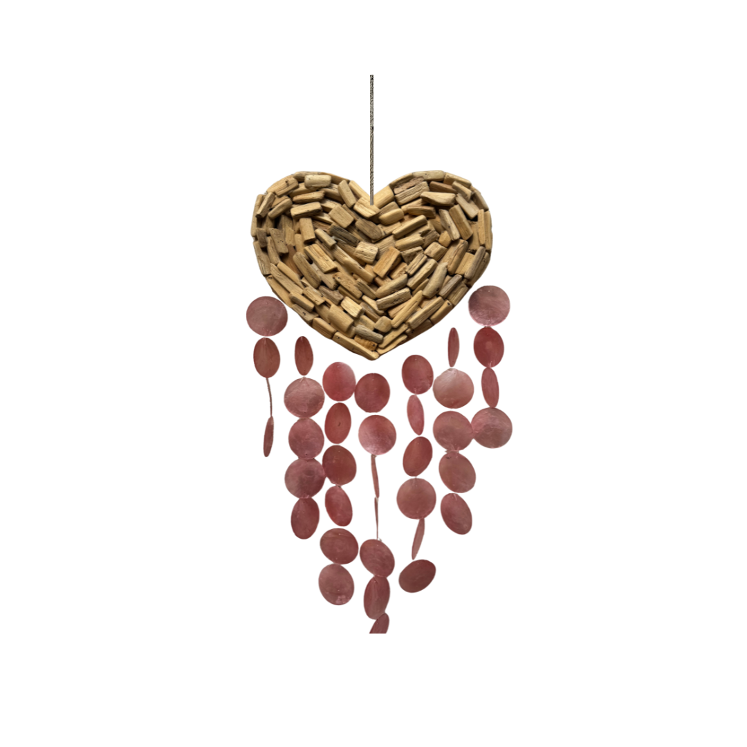 A heart-shaped hanging wind spinner made from natural wood wine bottle caps, with dangling round metal discs in a dusty rose color below, shown against a plain white background.