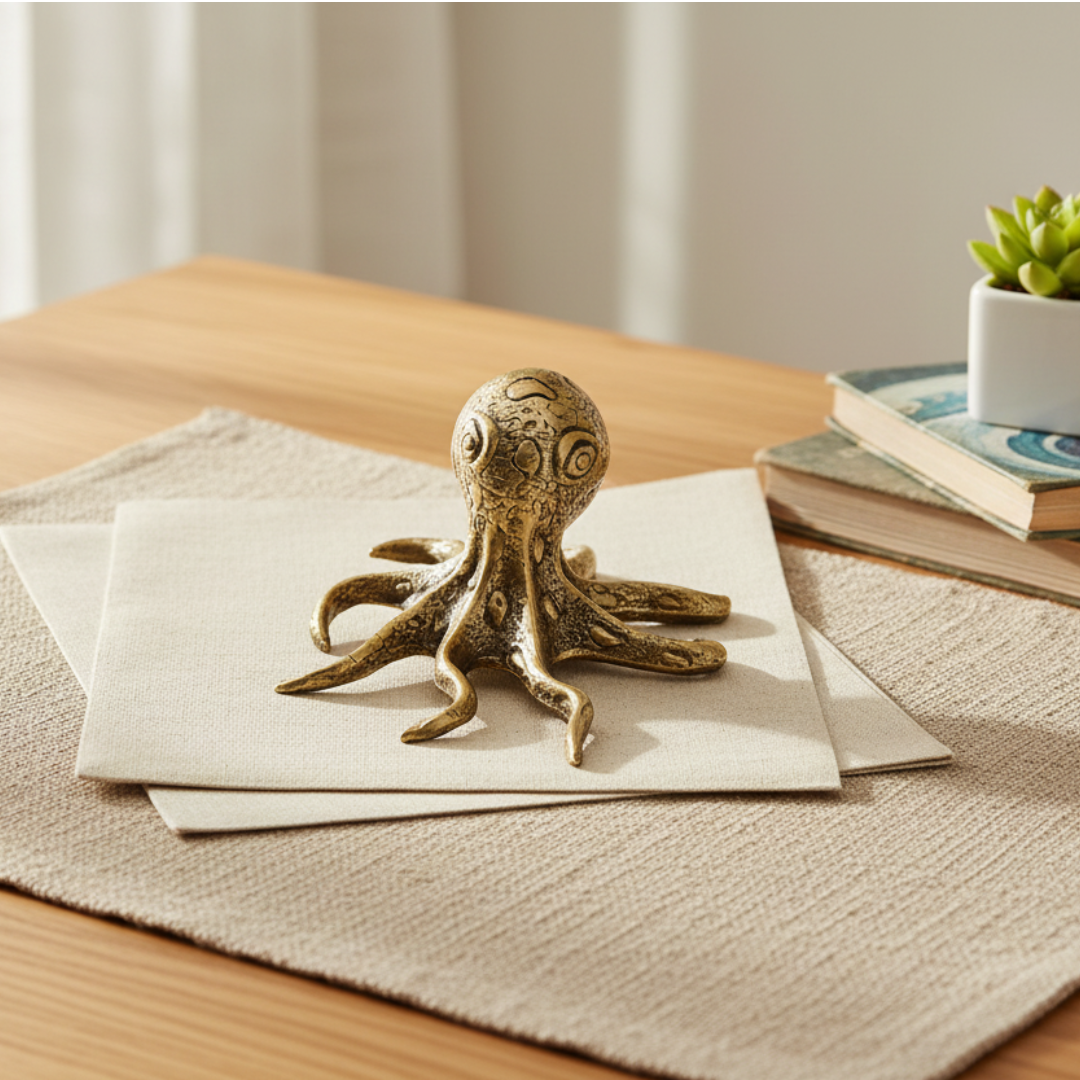 A small metallic octopus figurine with an antiqued gold finish sits on stacked cream napkins on a wooden table, with a woven placemat, books, and a small potted succulent in the background.