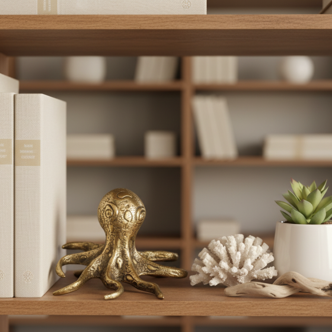 Brass octopus figurine styled on a timber bookshelf beside white books, a white coral piece, driftwood, and a small potted succulent
