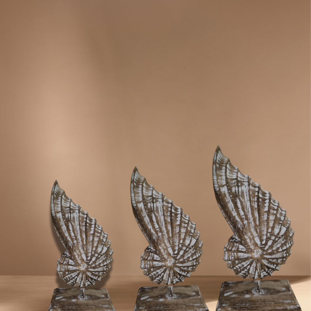 A handcrafted wooden conch shell set of 3 pieces decoration on a stand, with a natural brown wash finish on beige back drop 