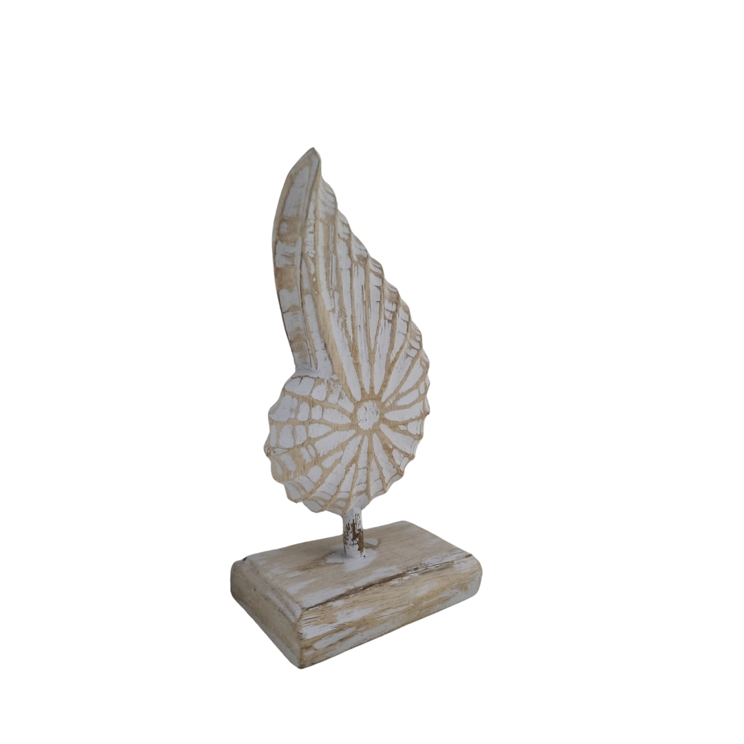 A handcrafted wooden conch shell decoration on a stand, with a natural beige and white color finish.