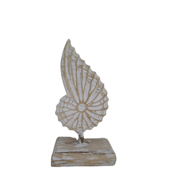 A handcrafted wooden conch shell decoration on a stand, with a natural beige and white color finish.