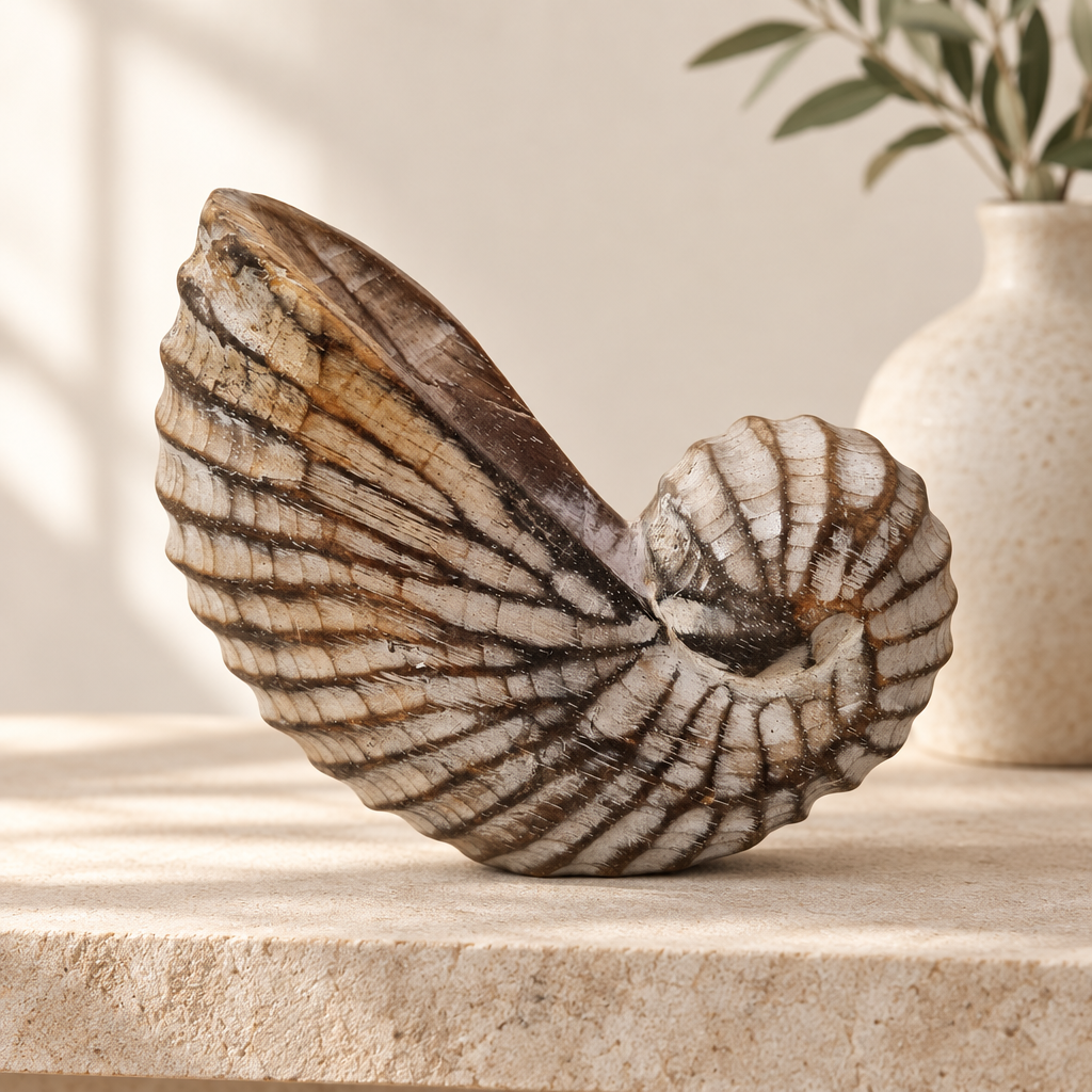 Brown-wash nautilus shell wooden decor on a light stone shelf