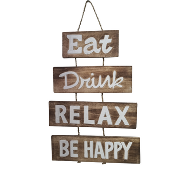 wooden handcrafted sign ready to hang set on a white back wall