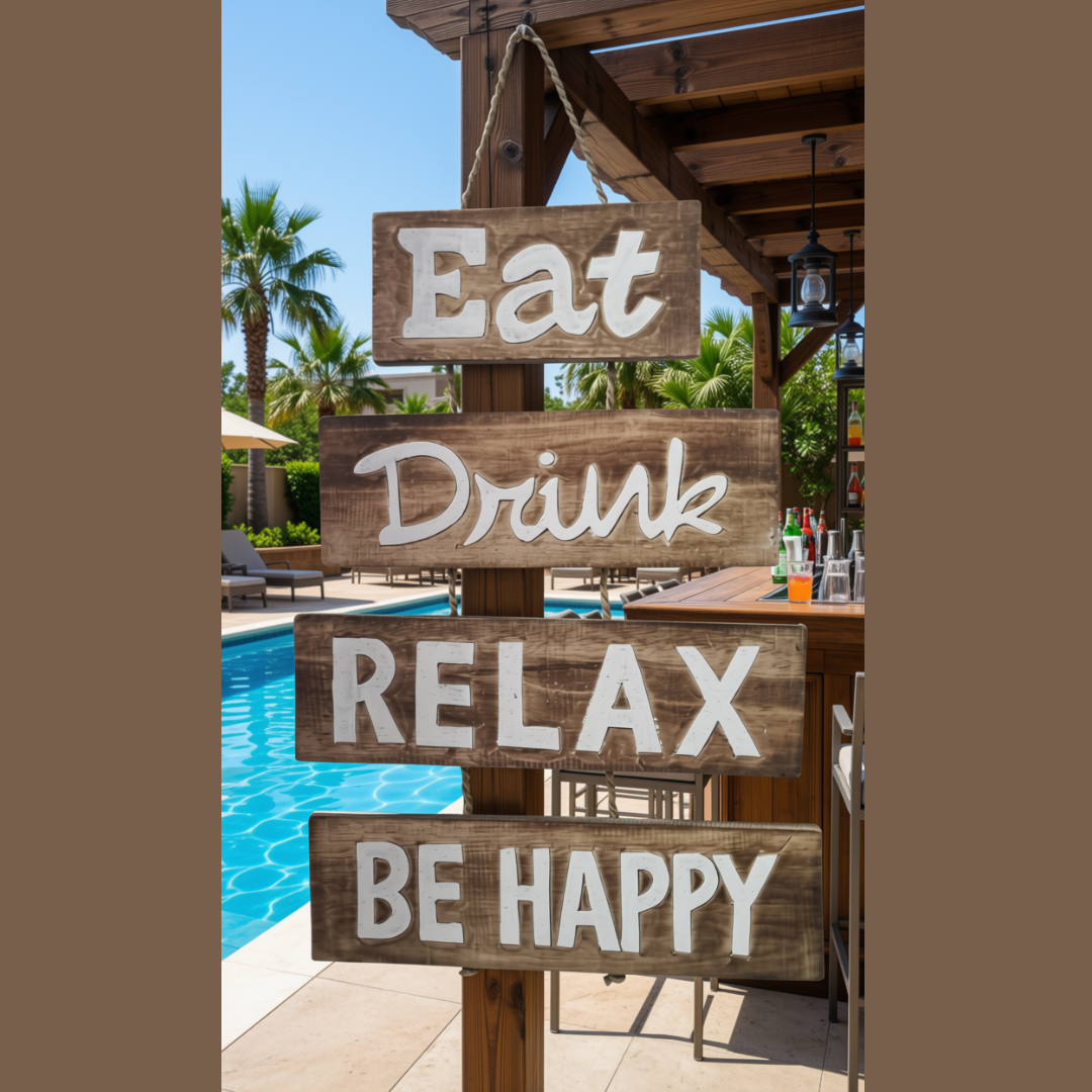 Four-panel weathered timber hanging sign with white lettering beside a pool in a sunny covered outdoor entertaining area.