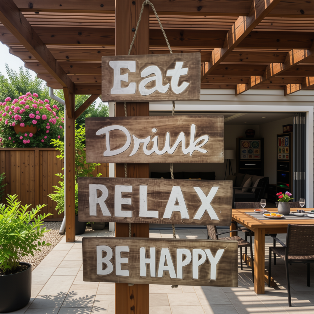 Eat Drink Relax wooden sign hanging on a covered patio beside an outdoor dining area.