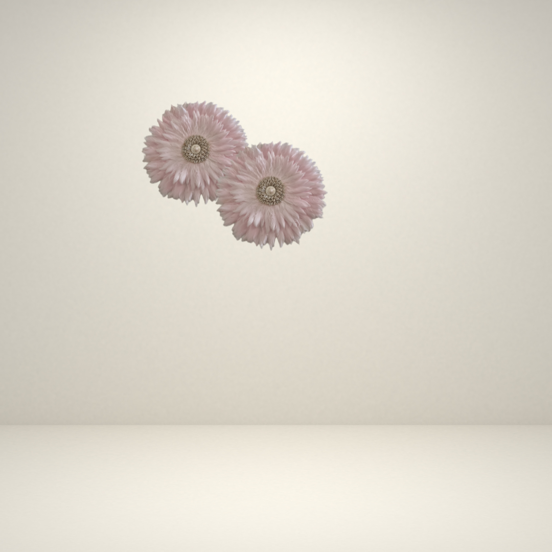 Pair of pink floral earrings on a light beige background