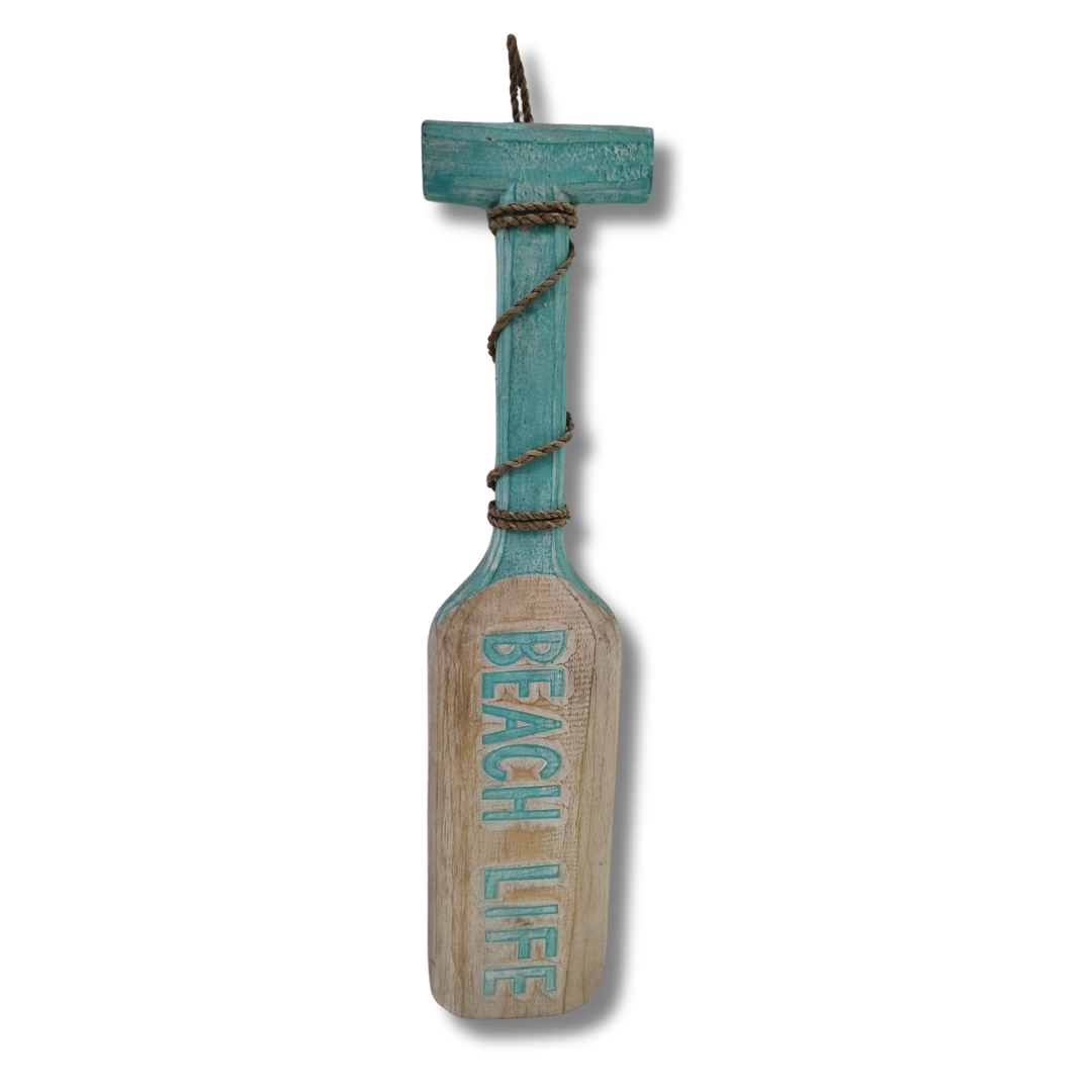 small wooden paddle wall art set on a white back ground