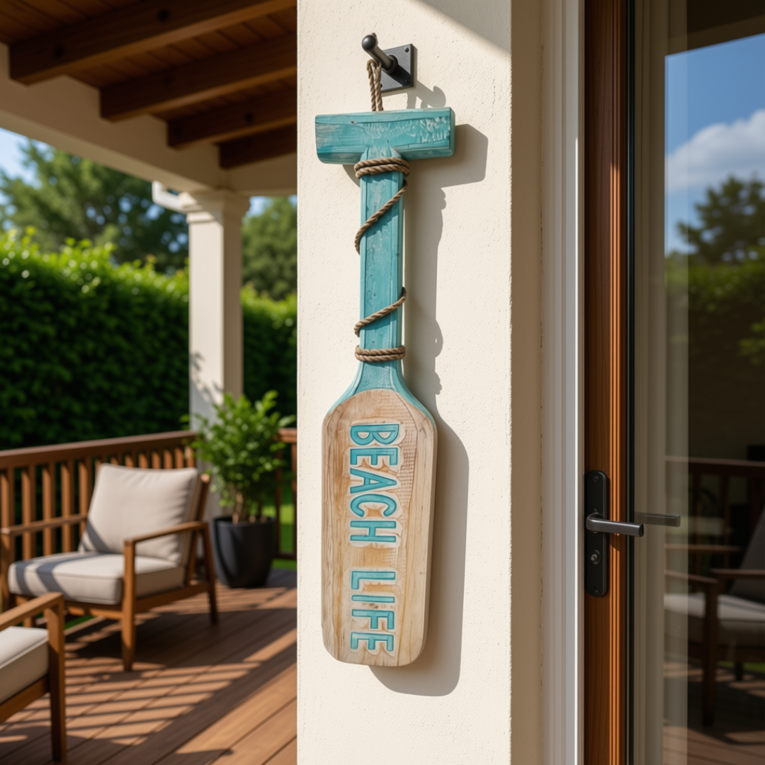 A rustic paddle-shaped wall sign hanging on a white exterior door frame. The sign is painted turquoise and beige with the words 'BEACH LIFE' printed vertically in turquoise, and rope wrapped around the handle area.