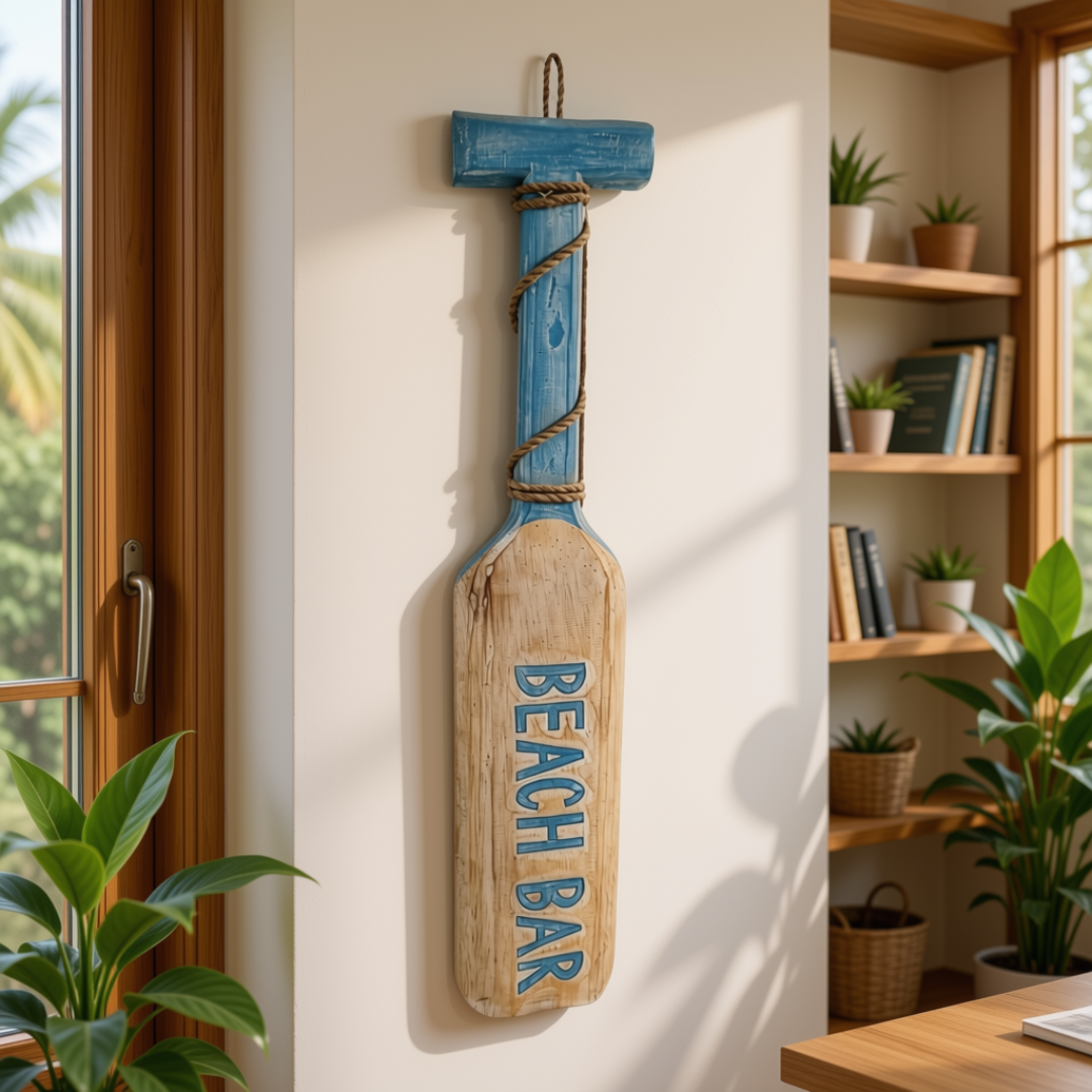 Paddle Board Beach House SignsA rustic wooden paddle-shaped wall sign hanging on a cream wall in a sunlit room. The sign is painted blue and natural wood, with the words 'BEACH BAR' printed vertically in blue and wrapped rope around the handle.