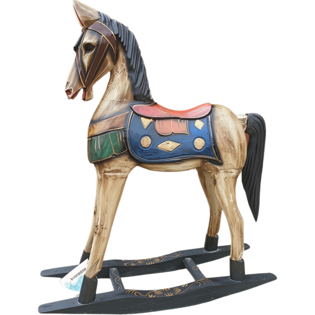 Painted rocking horse decorative feature with weathered tan body, bold blue and red saddle, green trim, and black rocker base, photographed on a white background.