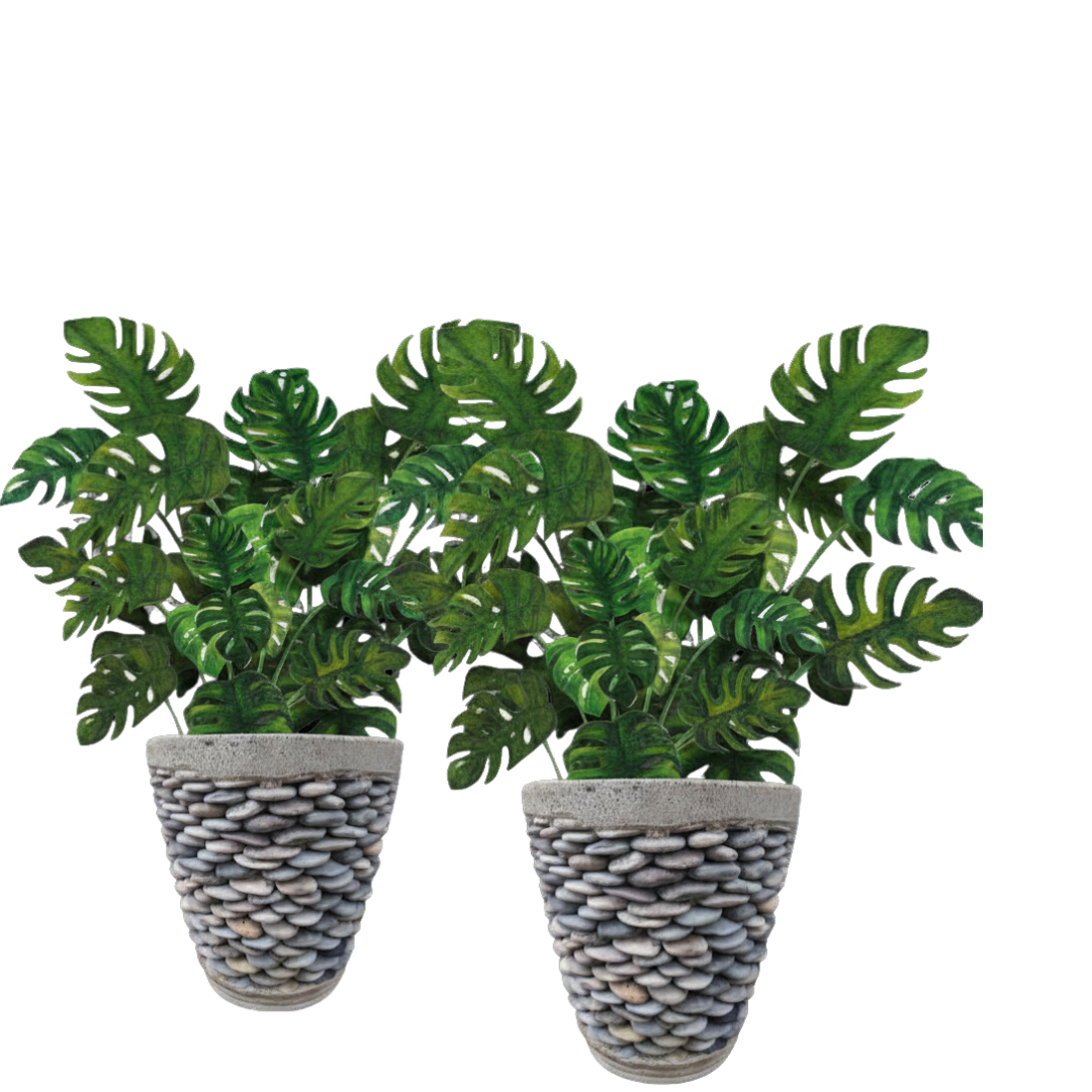 Two artificial plants in stone-patterned pots on a white background