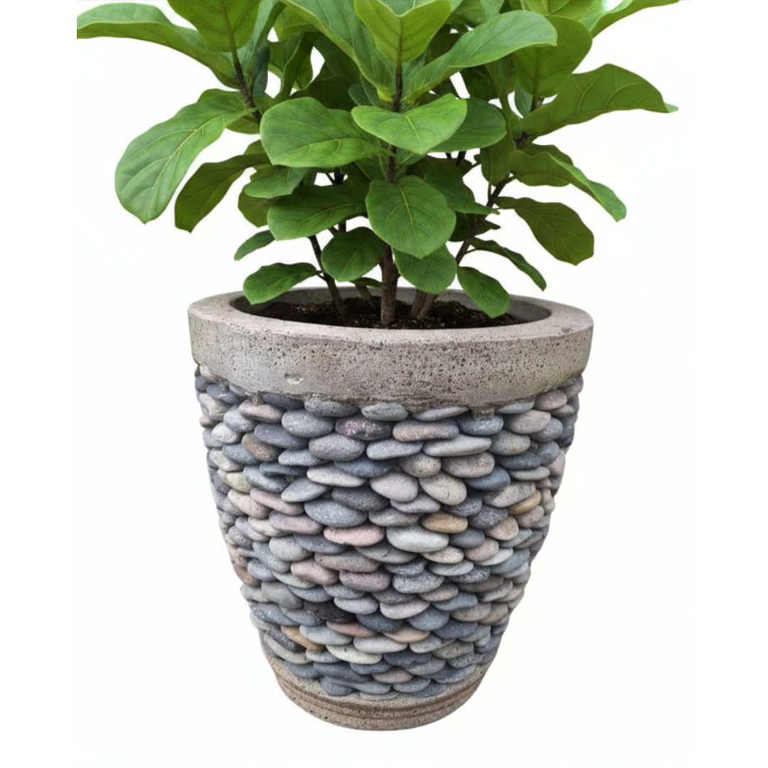 Pebble Concrete Pots Indoor Outdoor — three sizes in a tropical garden with monstera leaves