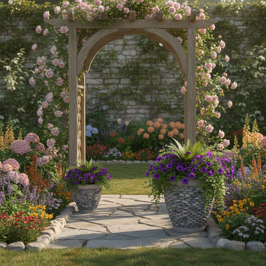 Two stacked pebble concrete planters with purple petunias flanking a garden path