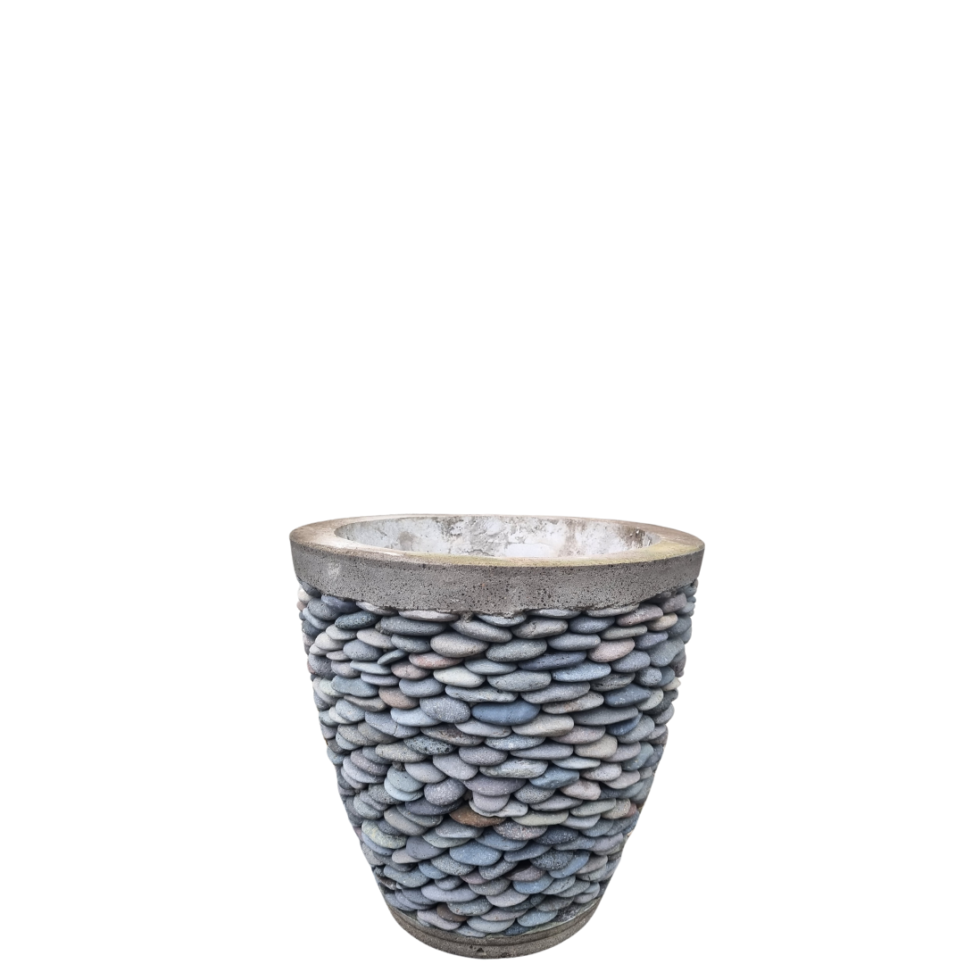 Decorative pot with pebble-like texture on a white background