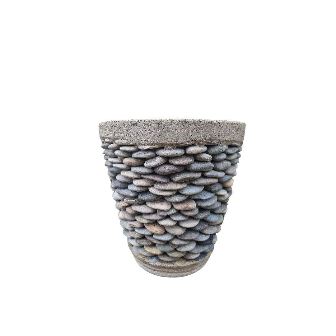 Decorative planter with stone-like texture and concrete top on a white background