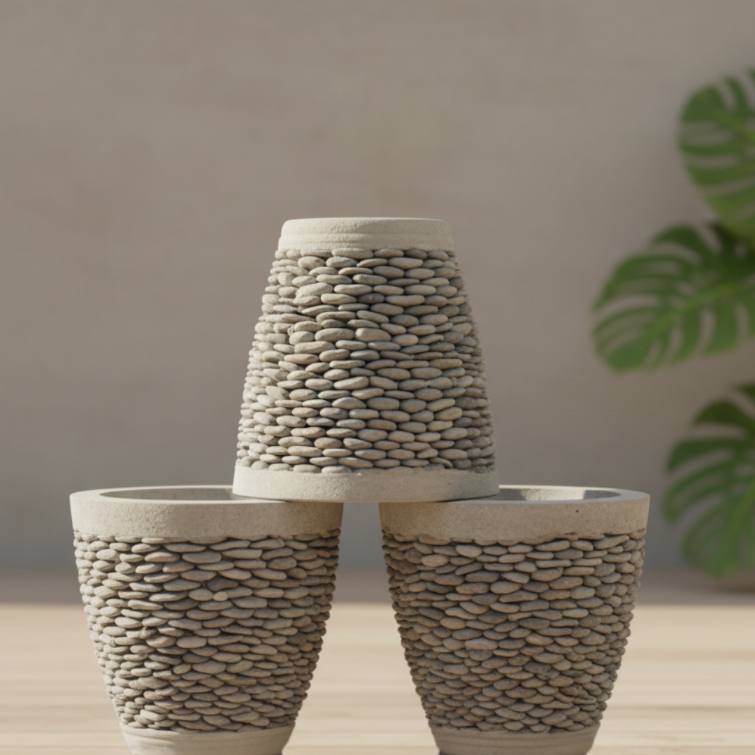 Three stone-textured tapered planters stacked in a pyramid on a timber deck with blurred monstera foliage behind
