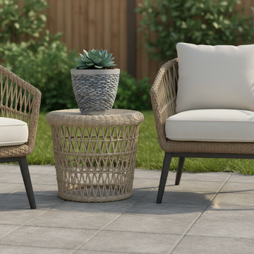 pebble concrete pots Small pebble-textured planter with a succulent on a wicker patio side table between cane chairs