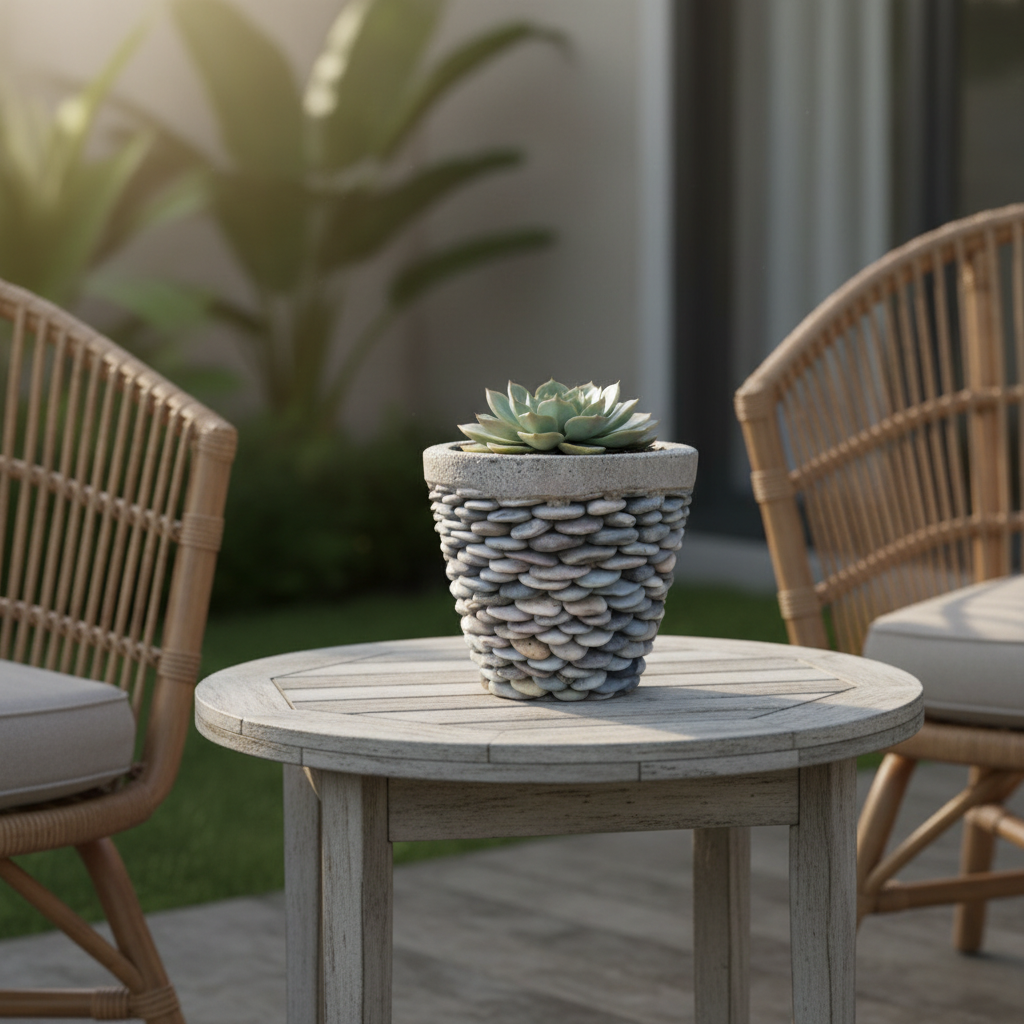 Small stone-textured planter with a succulent on a round timber side table between cane chairs on a patio