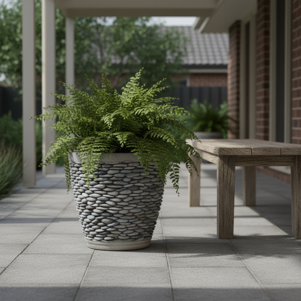 Large grey pebble concrete pot with a fern on a covered patio beside a timber bench