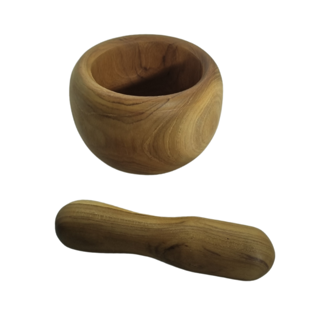 Wooden mortar and pestle on a white background