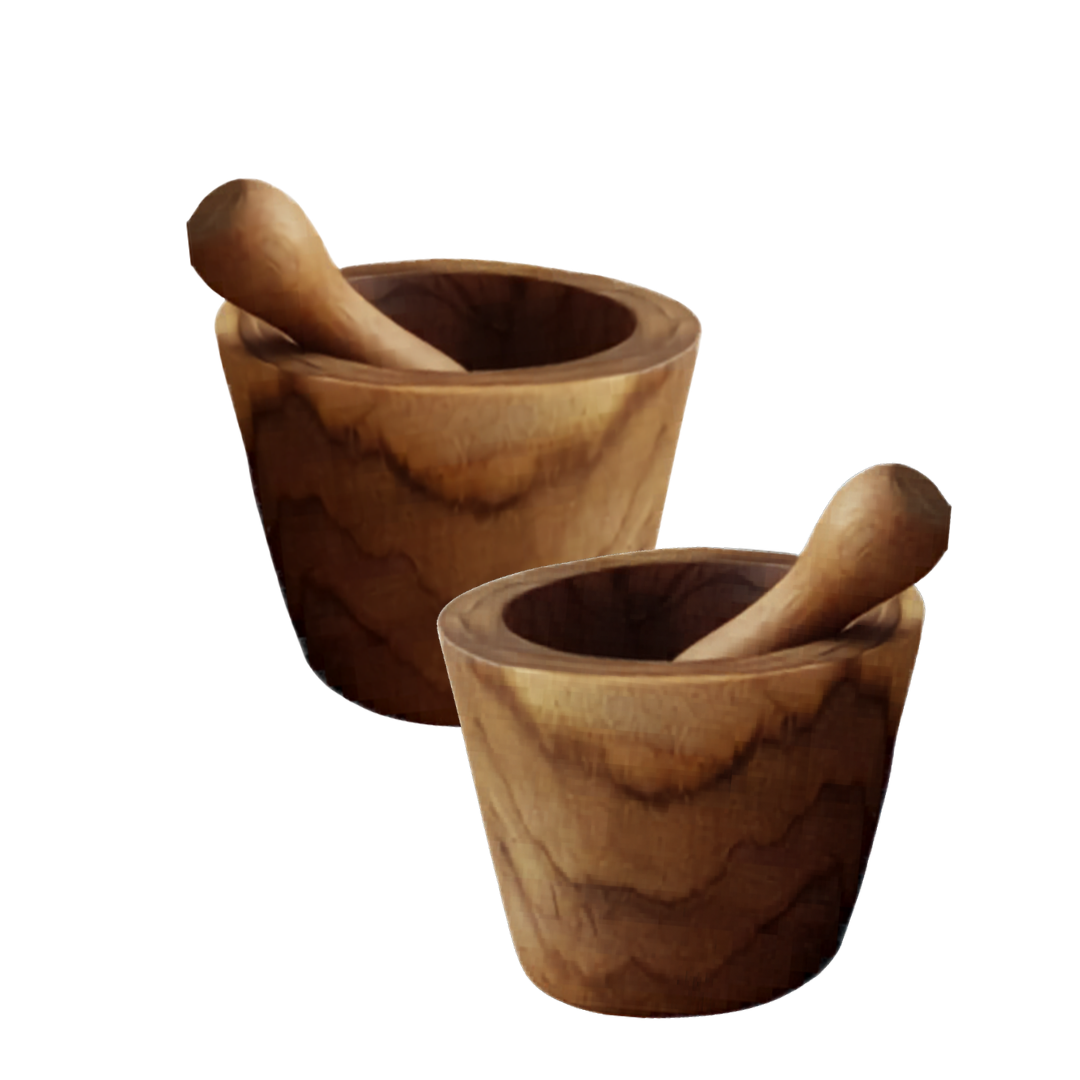 Two wooden mortars with pestles on a white background
