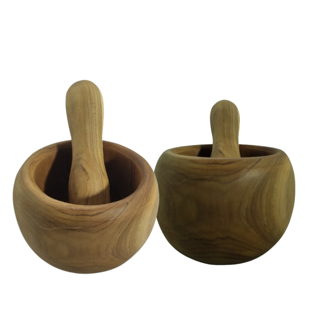 Two wooden mortars and pestles on a white background