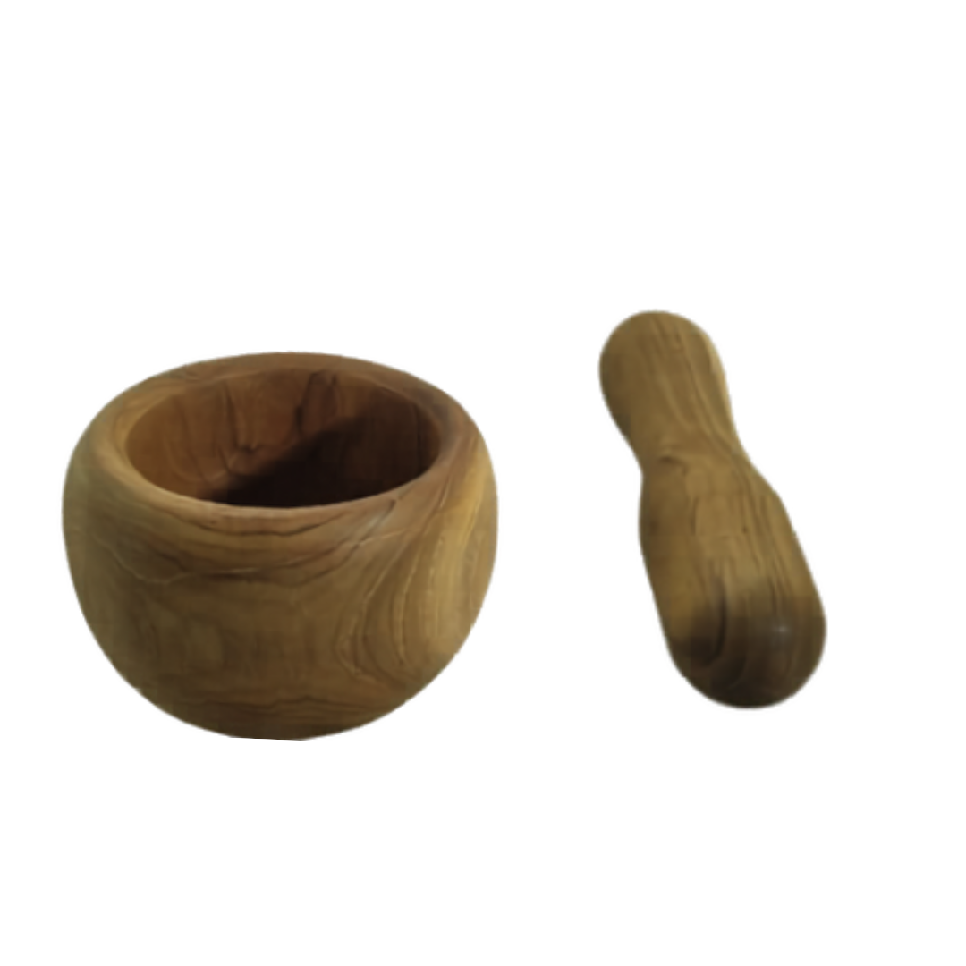 Wooden mortar and pestle on a white background