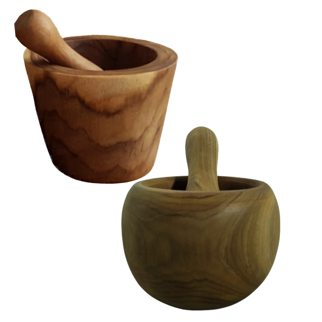 Two wooden mortars and pestles on a white background 2 styles available 