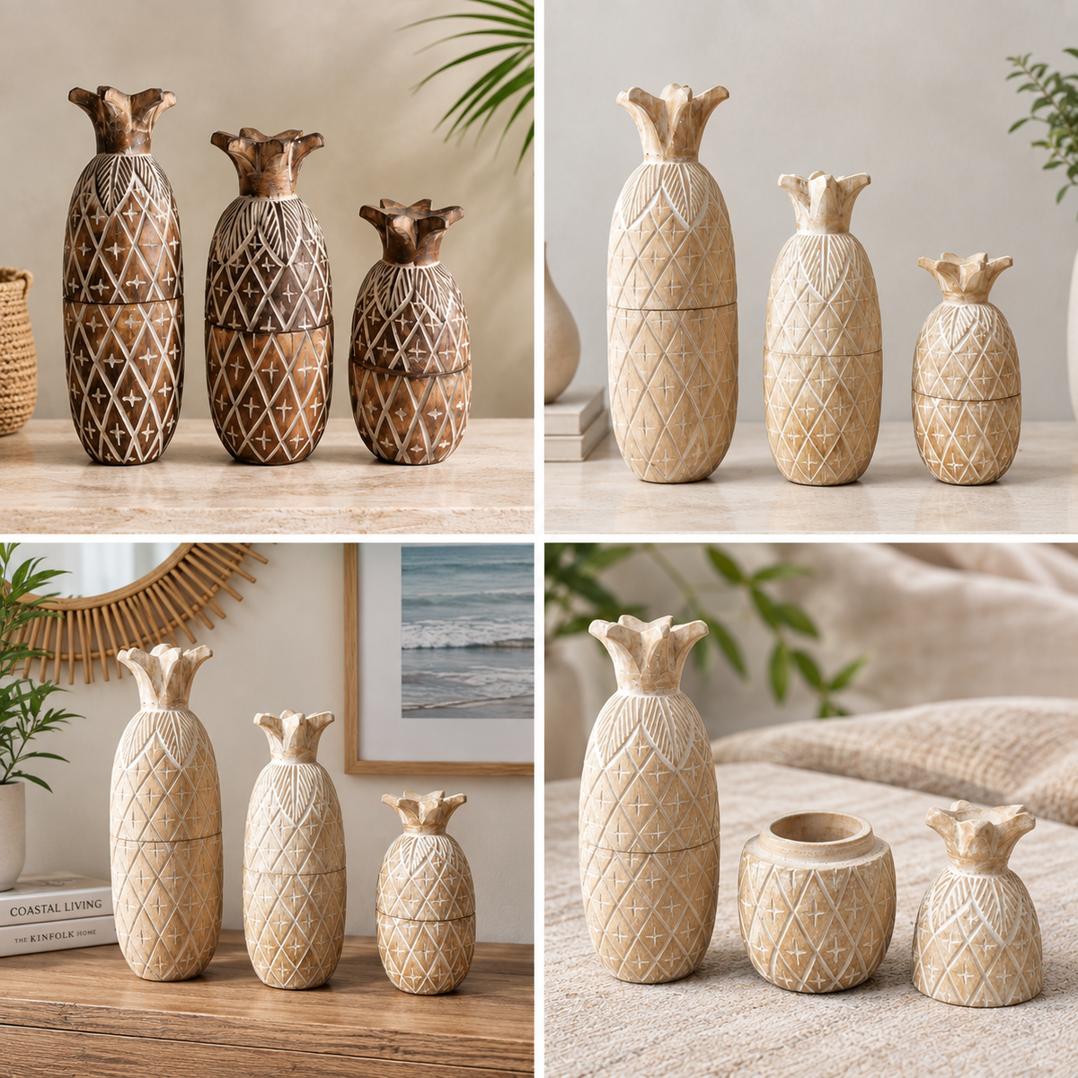 Collage showing handcrafted wooden pineapple canisters in brown and whitewash finishes displayed in home settings.