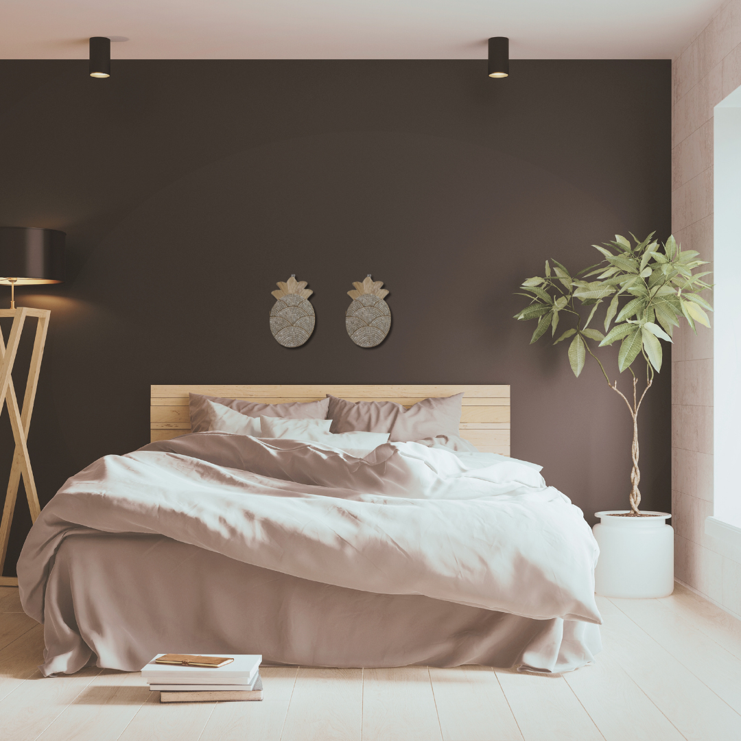 Modern bedroom with a bed, wall decorations, and a plant.